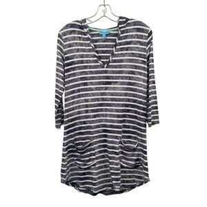 Sandiva Womens Striped Hoodie 3/4 Sleeve Blue/White Size XS Pockets